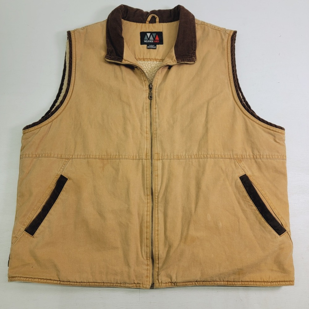 Weather Tamer Canvas Warm Work Vest Jacket Men's Sz XL Tan Sherpa Lined Trucker